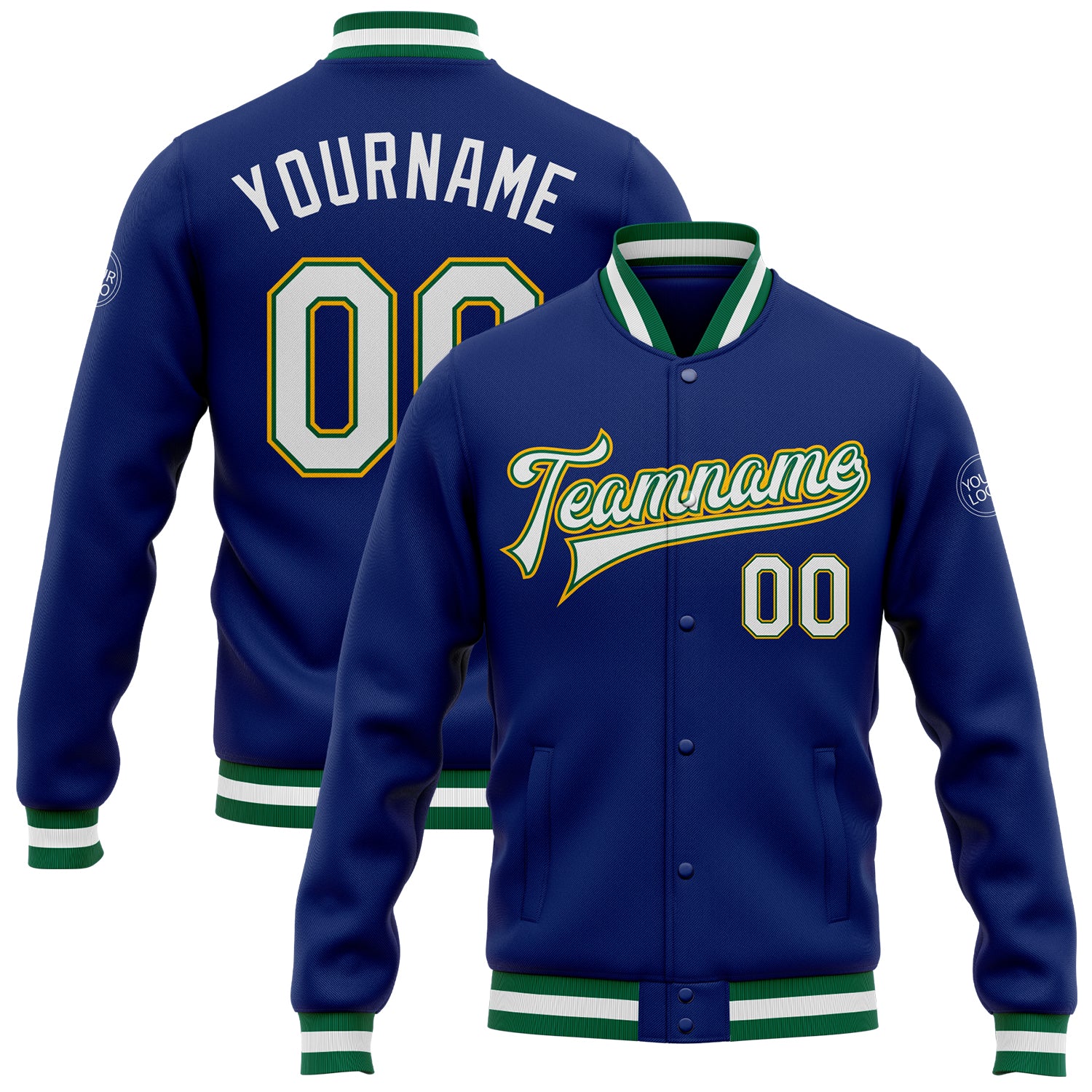 Custom Personalized Royal White Bomber Jacket with Kelly Green and Gold Design - Varsity Letterman Style Full-Snap Jacket