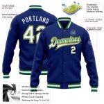 Custom Personalized Royal White Bomber Jacket with Kelly Green and Gold Design - Varsity Letterman Style Full-Snap Jacket