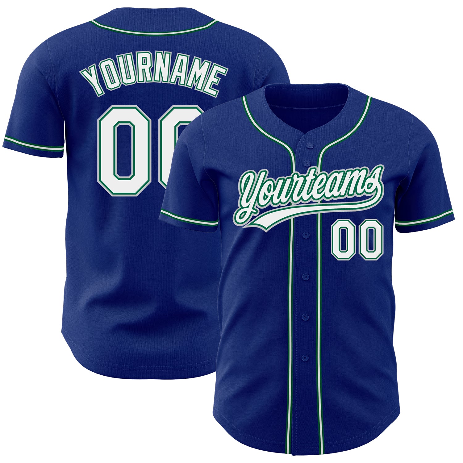 Personalized Authentic Baseball Jersey in Royal White and Kelly Green-Gray Personalized Royal White Kelly Green-Gray Authentic