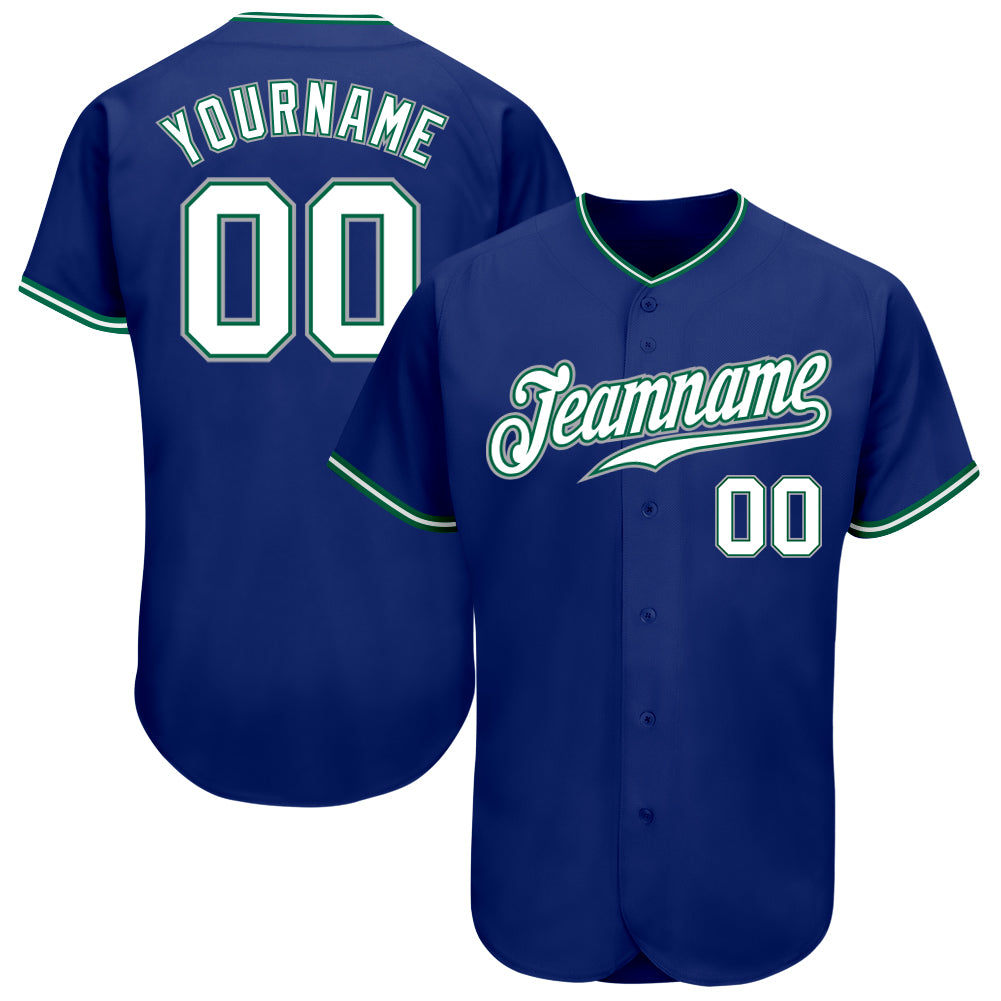 Custom Personalized Baseball Jersey with Team Name and Number - Royal White, Kelly Green, Gray Authentic Design Personalized