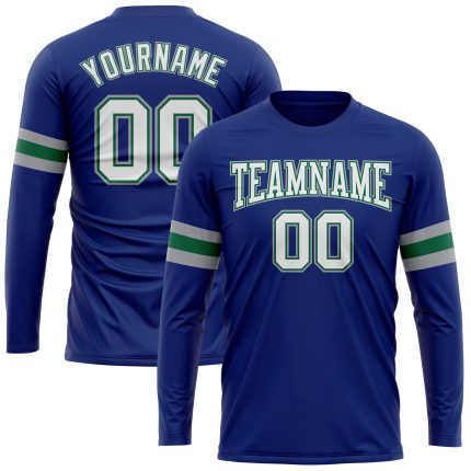 Custom Team Performance T-Shirt with Name and Number - Personalized Long Sleeve in Royal White Kelly Green-Gray Personalized