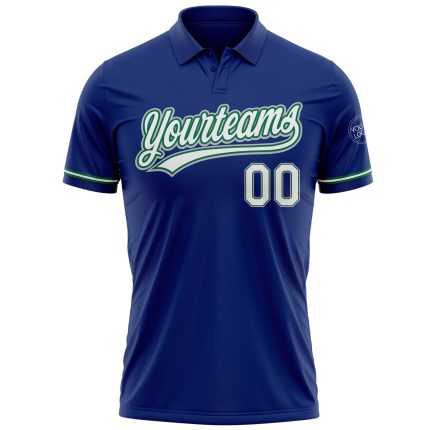 Custom Team Name Number Royal White Kelly Green-Gray Performance Golf Polo Shirt Personalized Royal White Kelly Green-Gray