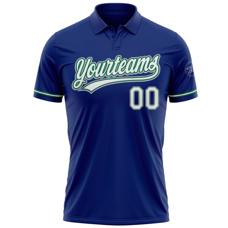 Custom Team Name Number Royal White Kelly Green-Gray Performance Golf Polo Shirt Personalized Royal White Kelly Green-Gray