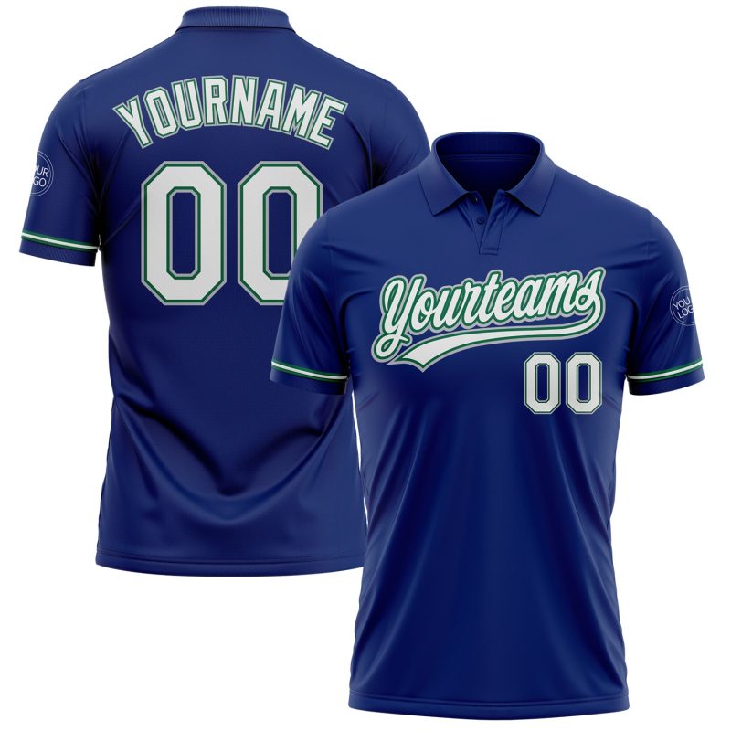 Custom Team Name Number Royal White Kelly Green-Gray Performance Golf Polo Shirt Personalized Royal White Kelly Green-Gray