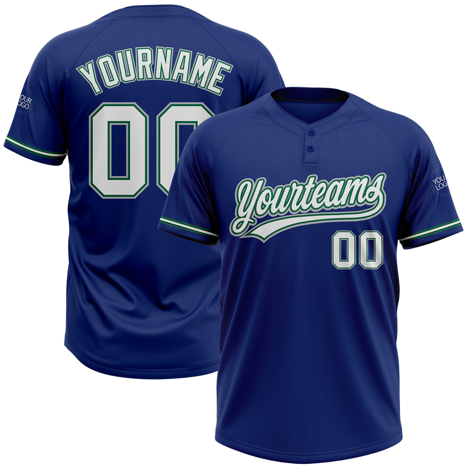 Custom Name and Number Unisex Softball Jersey - Personalized Royal White Kelly Green-Gray Two-Button Design Personalized