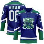 Personalized Hockey Jersey with Custom Name and Number in Royal White and Kelly Green Lace Neck Design Personalized Royal