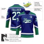 Personalized Hockey Jersey with Custom Name and Number in Royal White and Kelly Green Lace Neck Design Personalized Royal