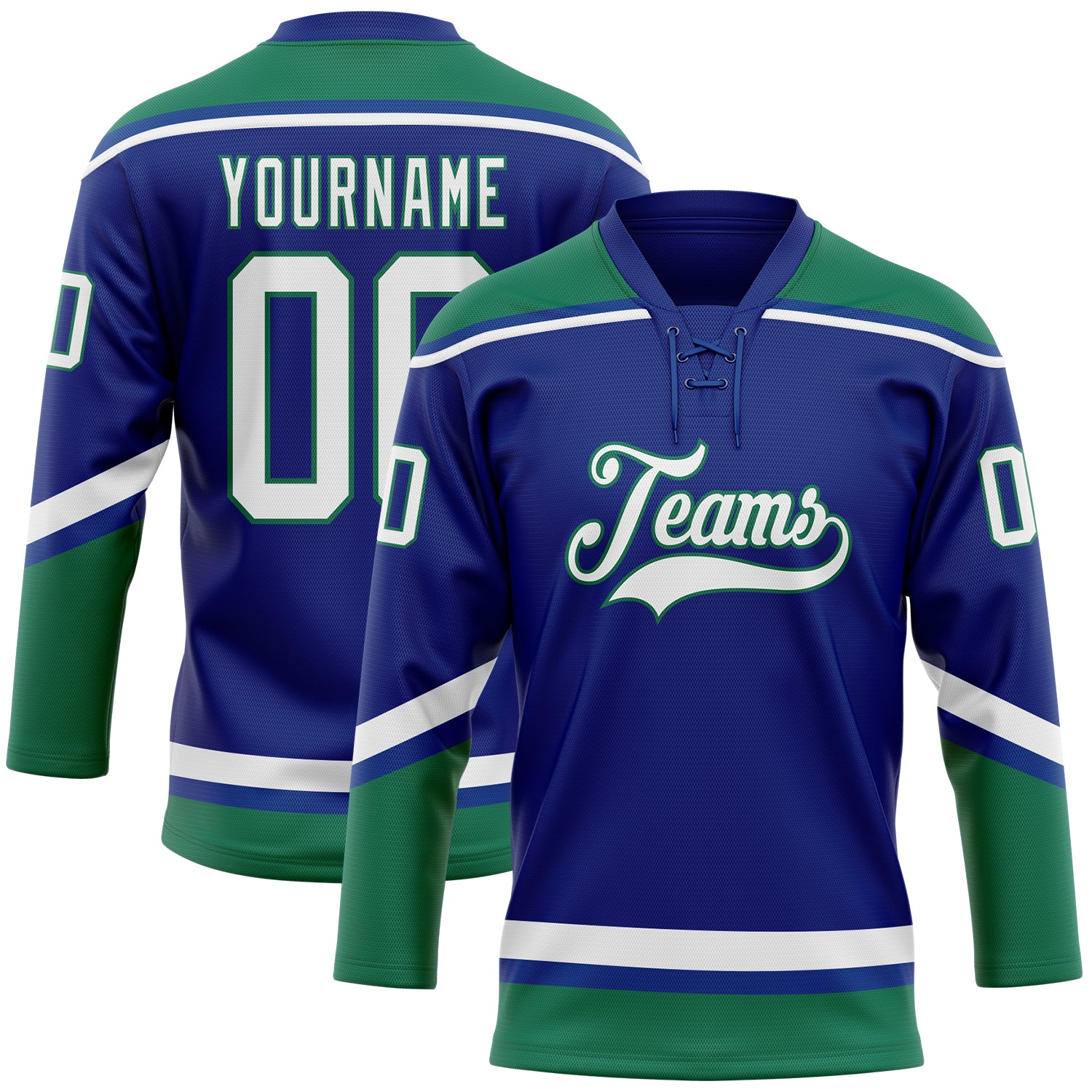 Personalized Hockey Jersey with Custom Name and Number in Royal White and Kelly Green Lace Neck Design Personalized Royal