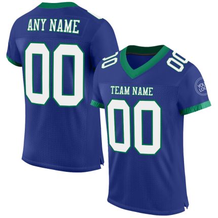 Custom Authentic Football Jersey with Personalized Name & Number - Royal White & Kelly Green Mesh Design Personalized Royal