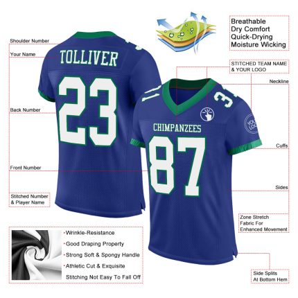 Custom Authentic Football Jersey with Personalized Name & Number - Royal White & Kelly Green Mesh Design Personalized Royal