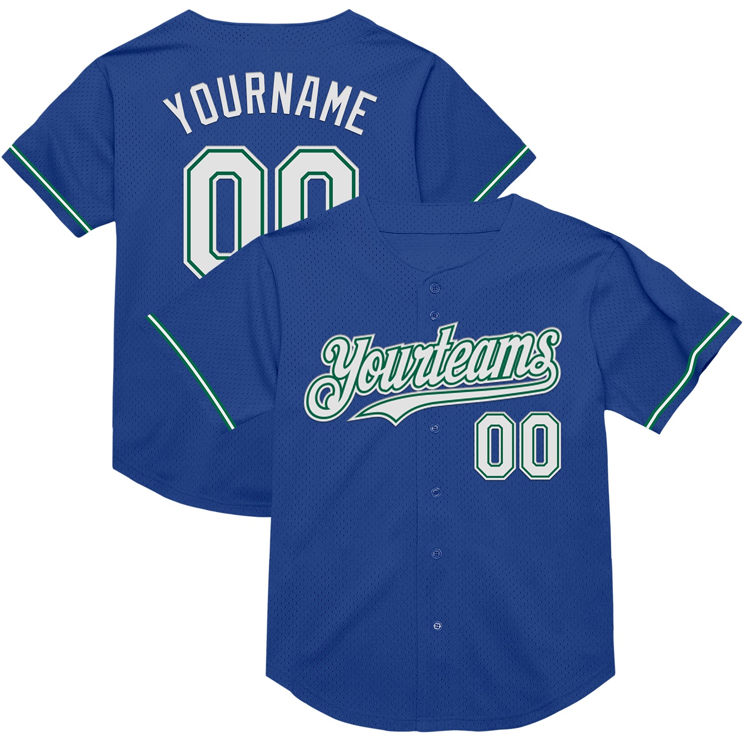 Custom Throwback Baseball Jersey - Personalized Authentic Mesh with Name & Number - Royal White-Kelly Green Personalized