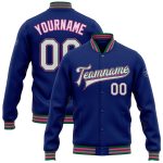 Custom Name Number Personalized Varsity Letterman Jacket Bomber in Royal White Kelly Green Pink Full-Snap Personalized Royal