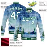 Custom Name Number Personalized Winter Landscape Bomber Jacket 3D Snowy Trees Kelly Green White Varsity Full-Snap Design