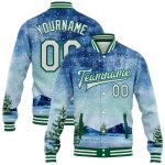 Custom Name Number Personalized Winter Landscape Bomber Jacket 3D Snowy Trees Kelly Green White Varsity Full-Snap Design