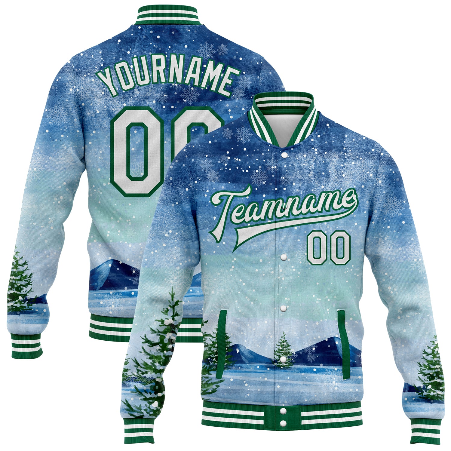 Custom Name Number Personalized Winter Landscape Bomber Jacket 3D Snowy Trees Kelly Green White Varsity Full-Snap Design