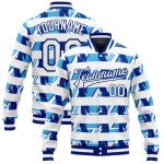 Custom Name Number Bomber Varsity Letterman Jacket 3D Pattern Design in Royal White Light Blue - Personalized Full-Snap Style