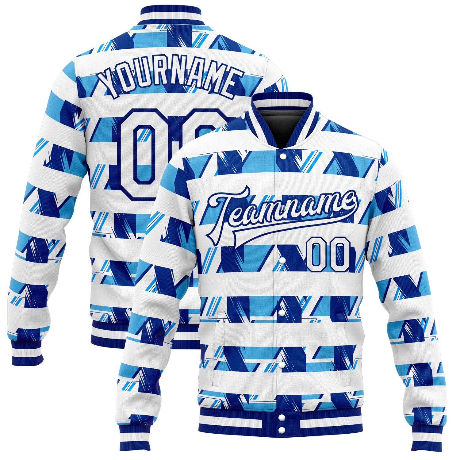 Custom Name Number Bomber Varsity Letterman Jacket 3D Pattern Design in Royal White Light Blue - Personalized Full-Snap Style