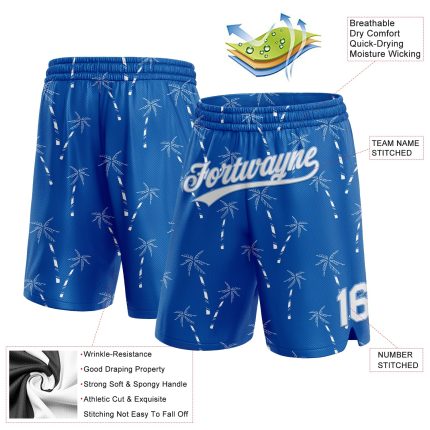 Custom Name & Number 3D Pattern Hawaii Palm Trees Basketball Shorts - Personalized Royal White-Light Blue Team Gear Personalized