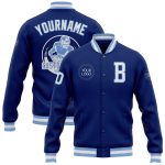 Custom Royal White Light Blue Varsity Letterman Bomber Jacket Full-Snap Personalized Royal White-Light Blue Bomber Full-Snap