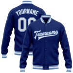 Custom Name Number Royal White Light Blue Bomber Varsity Letterman Jacket Personalized Team Full-Snap Personalized Royal