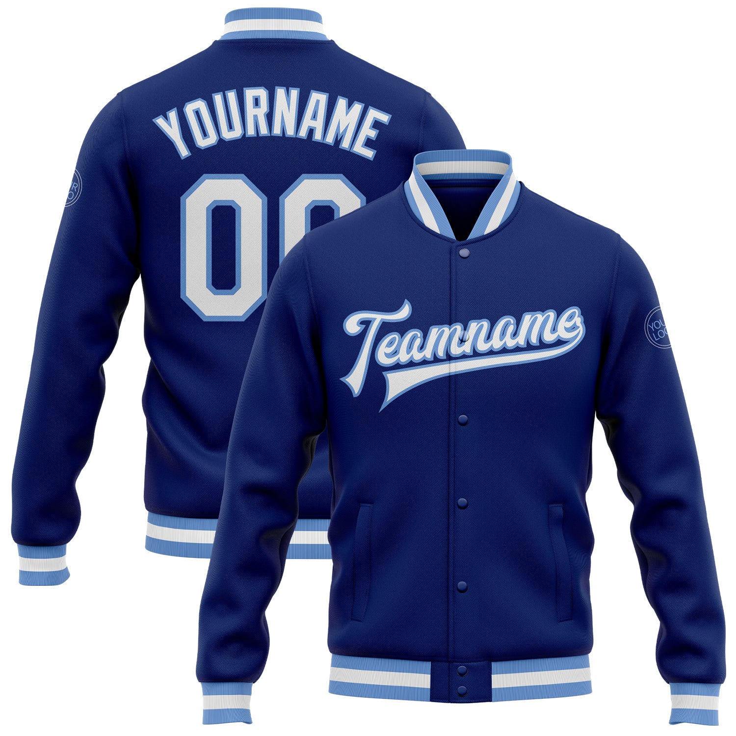 Custom Name Number Royal White Light Blue Bomber Varsity Letterman Jacket Personalized Team Full-Snap Personalized Royal