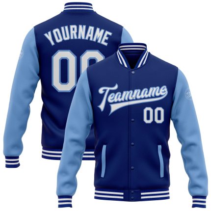 Personalized White and Light Blue Varsity Letterman Bomber Jacket, Full-Snap Two Tone Design Personalized Royal White-Light