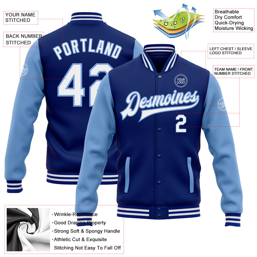 Personalized Royal White-Light Blue Bomber Full-Snap Varsity Letterman Two Tone Jacket Personalized White and Light Blue Varsity Letterman Bomber Jacket, Full-Snap Two Tone Design Personalized Royal White-Light - Image 3