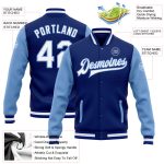 Custom Name and Number Varsity Letterman Two Tone Bomber Jacket - Personalized Royal White-Light Blue Full-Snap Team Jacket