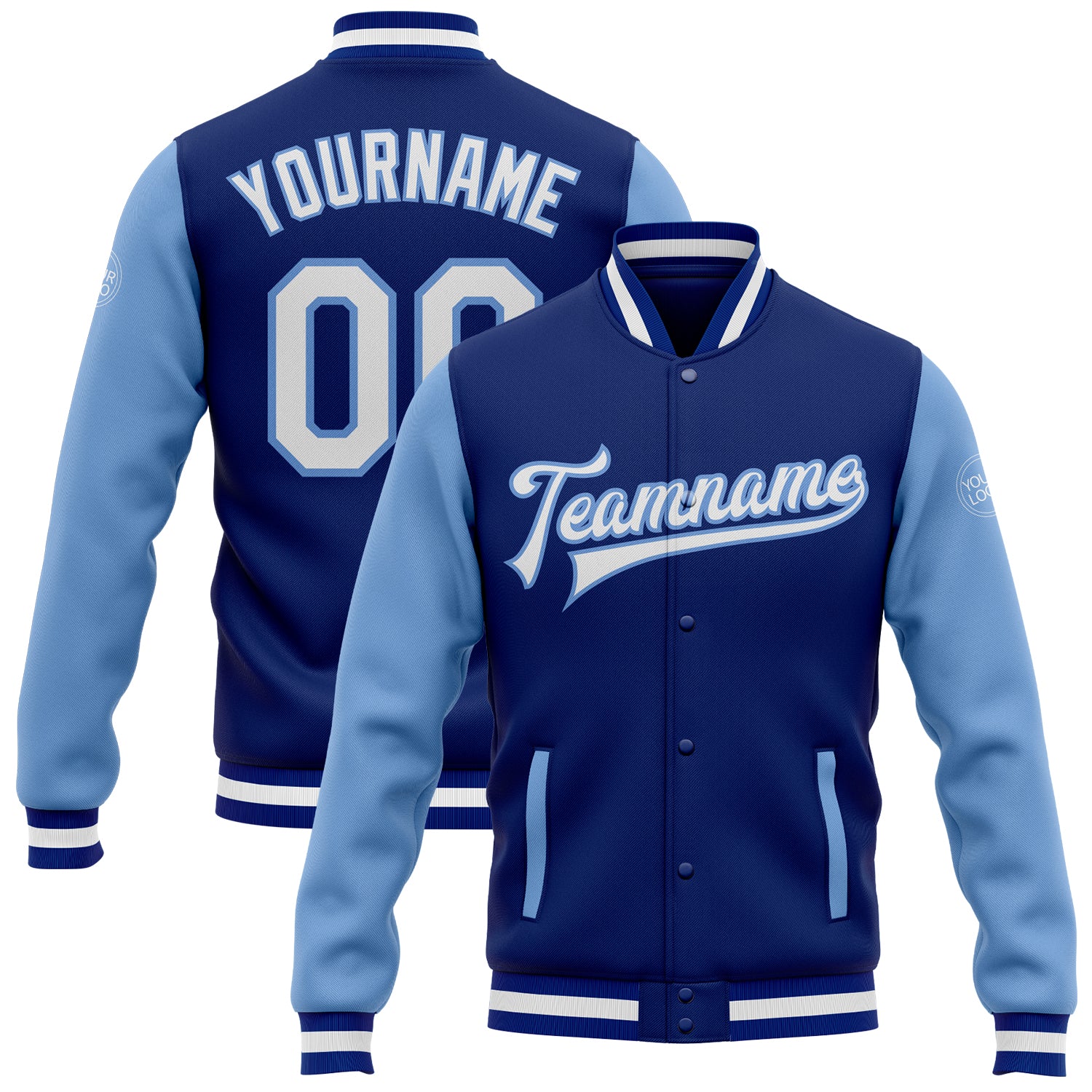 Custom Name and Number Varsity Letterman Two Tone Bomber Jacket - Personalized Royal White-Light Blue Full-Snap Team Jacket