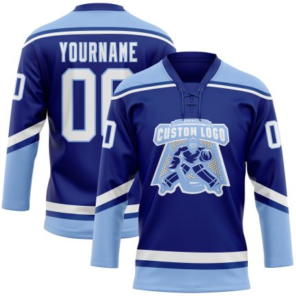 Personalized Custom Name and Number Royal White-Light Blue Hockey Jersey - Lace Neck Team Apparel Personalized Royal White-Light