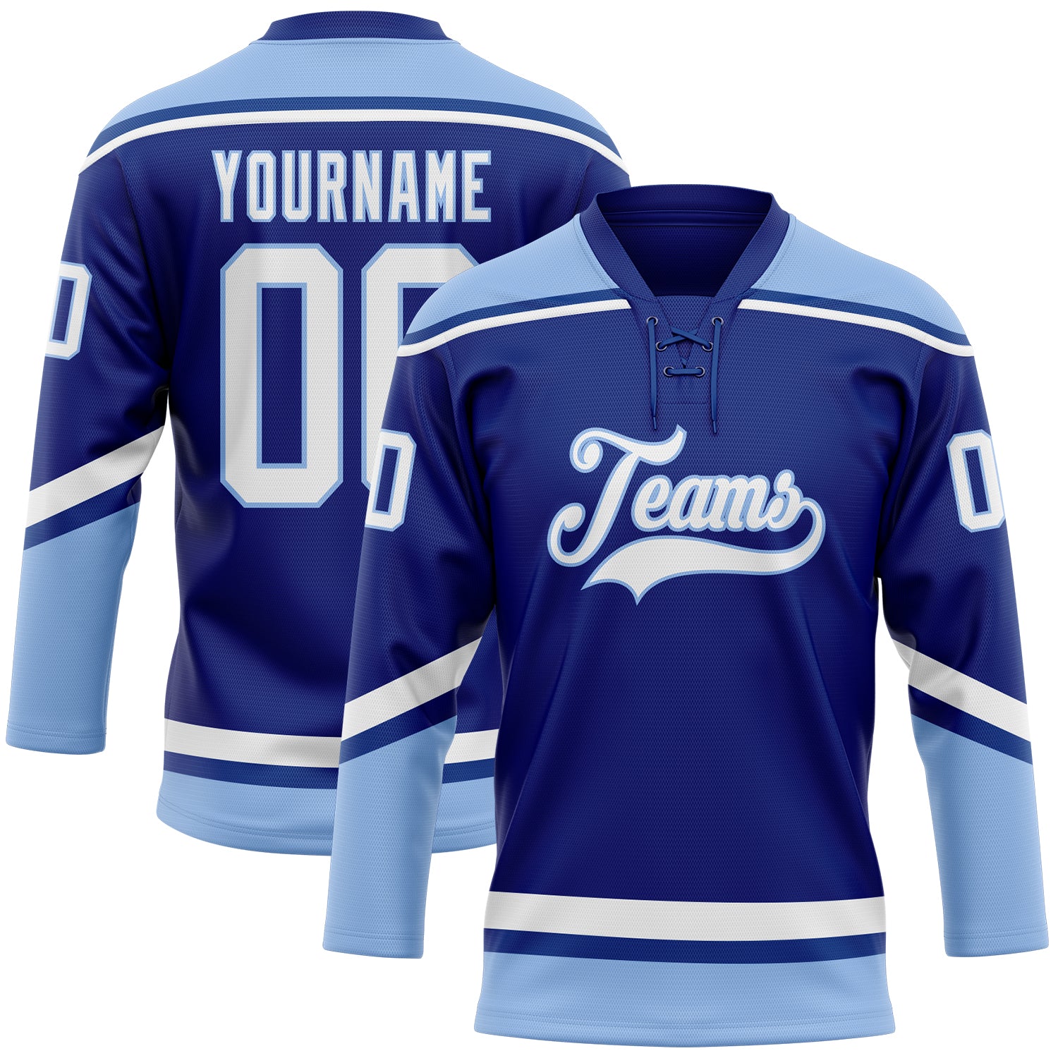 Personalized Custom Name and Number Royal White-Light Blue Hockey Jersey - Lace Neck Team Apparel Personalized Royal White-Light