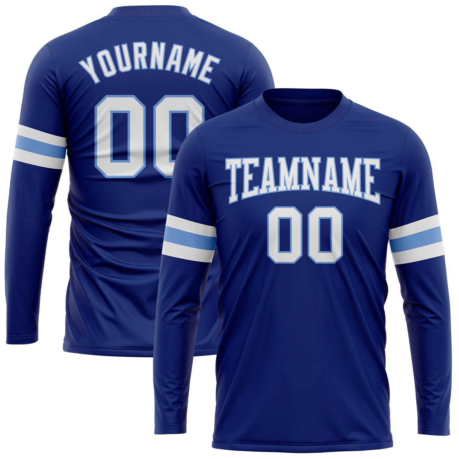 Custom Team Name and Number Long Sleeve Performance T-Shirt - Personalized Royal White-Light Blue Personalized Royal White-Light