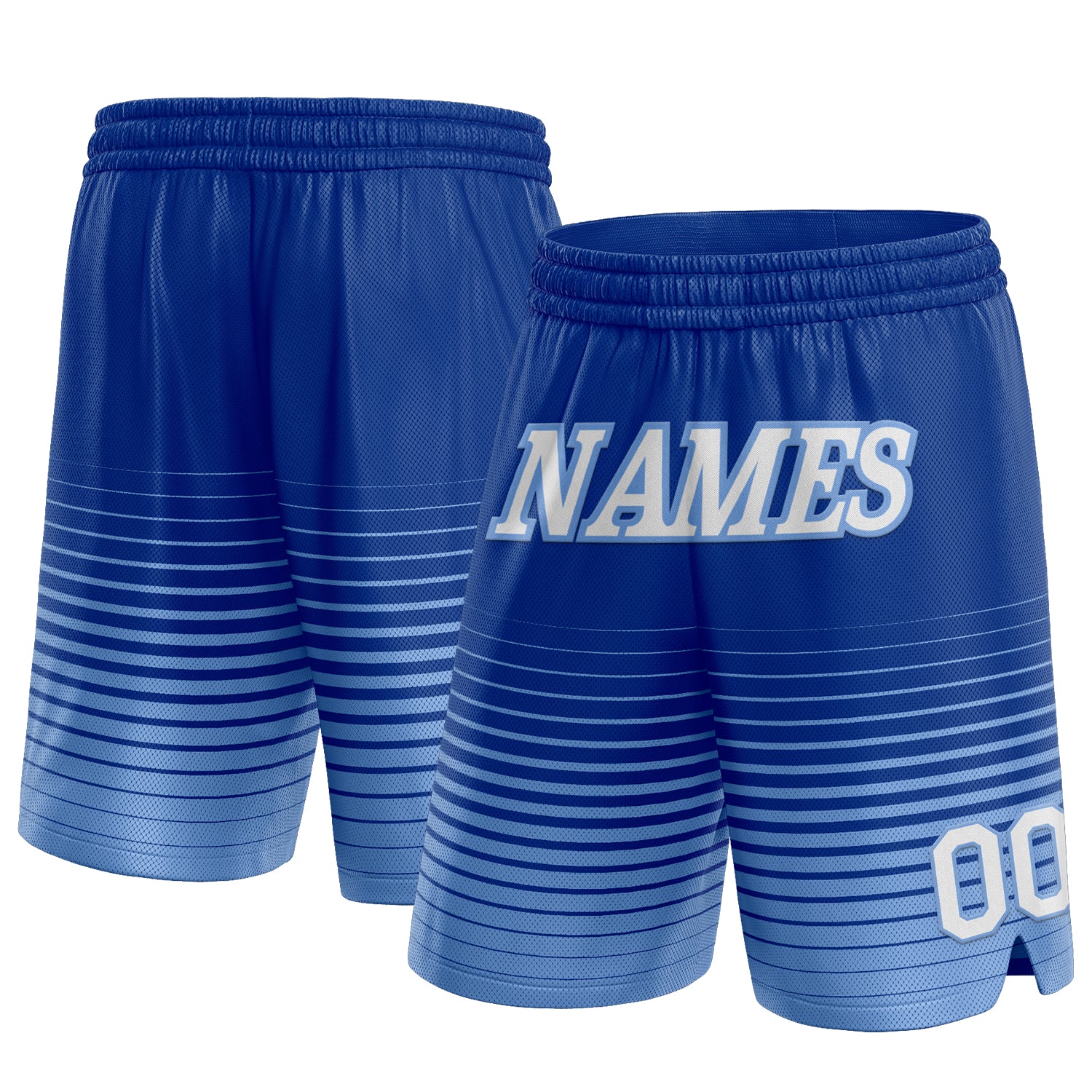 Custom Team Name and Number Personalized Authentic Basketball Shorts, Royal White Light Blue Pinstripe Fade Design Personalized
