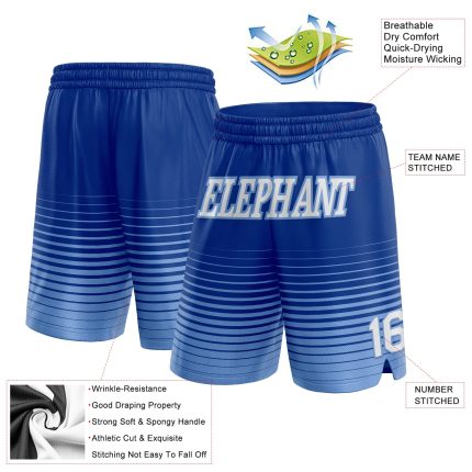Custom Team Name and Number Personalized Authentic Basketball Shorts, Royal White Light Blue Pinstripe Fade Design Personalized