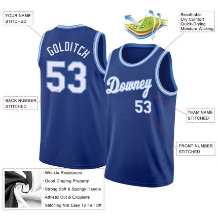 Custom Name & Number Basketball Jersey - Personalized Royal Light Blue Round Neck Rib-Knit Design Personalized Royal White-Light