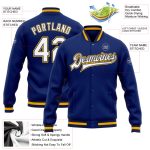 Custom Team Name Number Bomber Jacket Royal White Navy Gold Full-Snap Varsity Letterman Personalized Royal White Navy-Gold