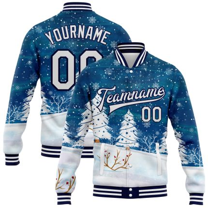 Personalized Winter Landscape Watercolor Bomber Jacket with Snowy Trees - Custom Name & Number Full-Snap Varsity Design Personalized