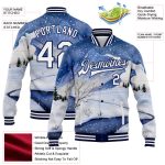 Custom 3D Winter Snow Landscape Bomber Varsity Jacket with Personalized Name & Number - White-Navy Design Personalized Royal