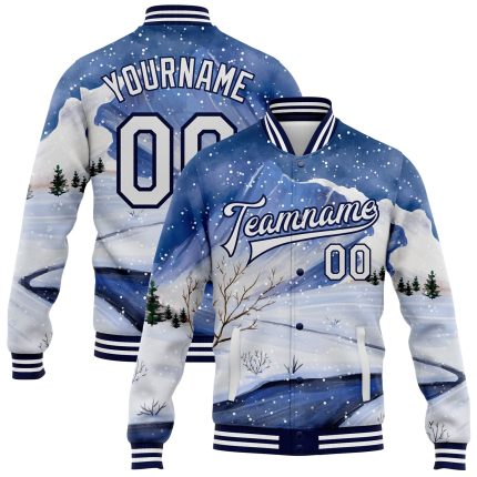 Custom 3D Winter Snow Landscape Bomber Varsity Jacket with Personalized Name & Number - White-Navy Design Personalized Royal