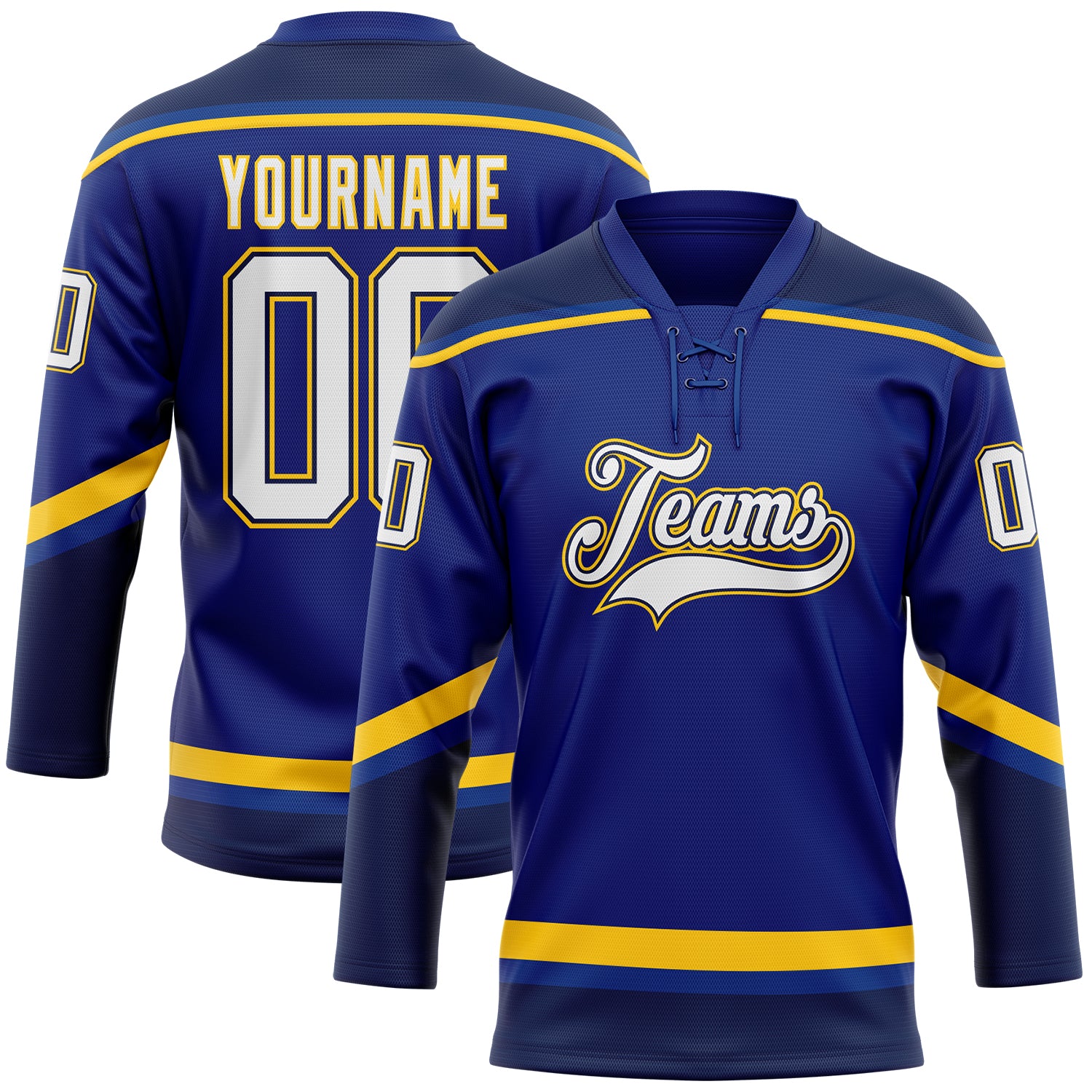 Custom Name and Number Personalized Royal White Navy-Yellow Hockey Jersey Lace Neck Team Personalized Royal White Navy-Yellow