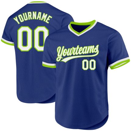 Custom Name and Number Authentic Throwback Baseball Jersey - Personalized Royal White Neon Green Team Jersey Personalized