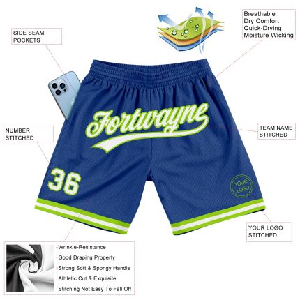 Custom Name and Number Authentic Throwback Basketball Shorts - Personalized Royal White and Neon Green Design Personalized