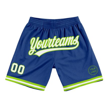 Custom Name and Number Authentic Throwback Basketball Shorts - Personalized Royal White and Neon Green Design Personalized