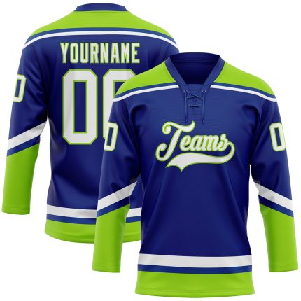 Custom Name and Number Hockey Jersey - Personalized Royal White Neon Green Lace Neck Design Personalized Royal White-Neon