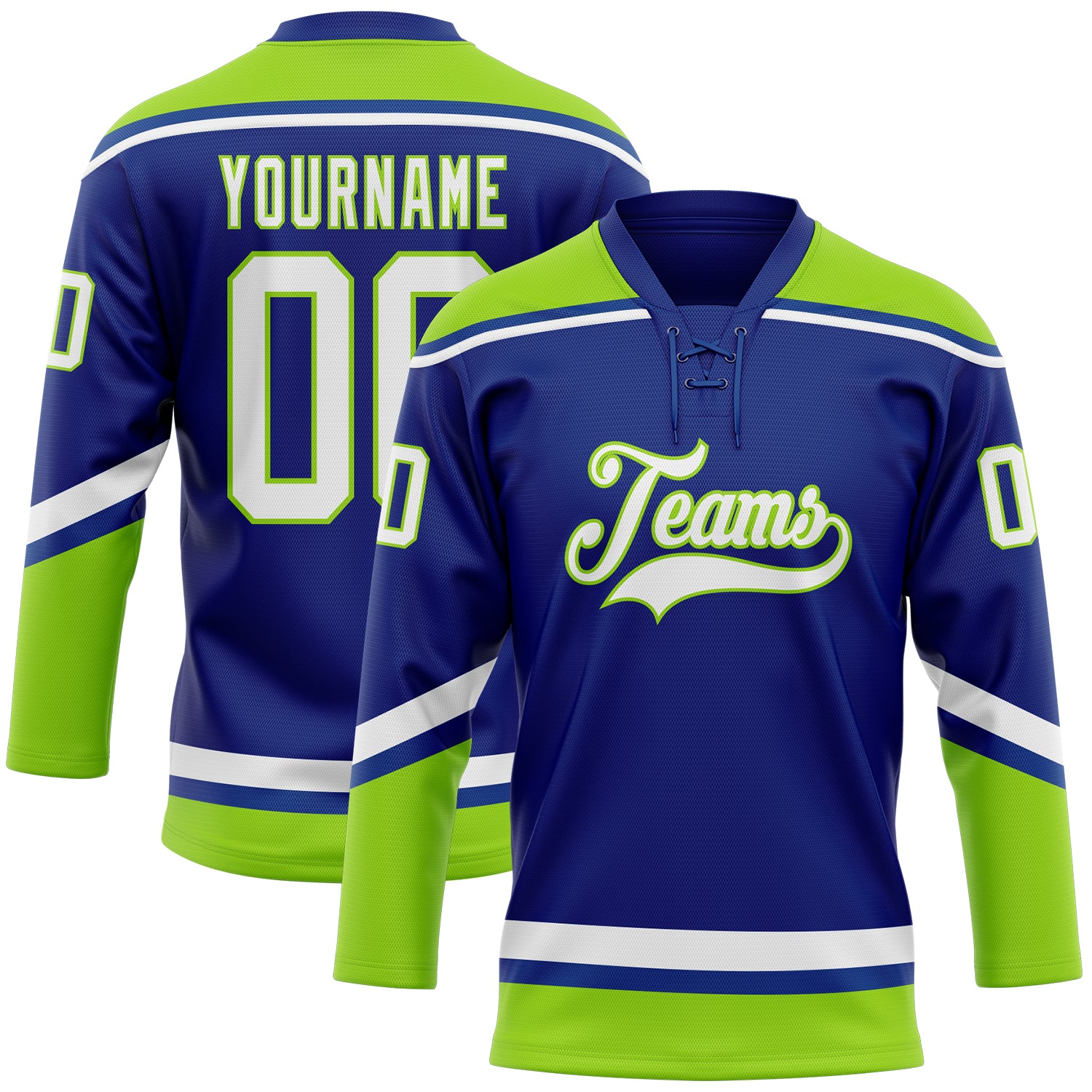 Custom Name and Number Hockey Jersey - Personalized Royal White Neon Green Lace Neck Design Personalized Royal White-Neon