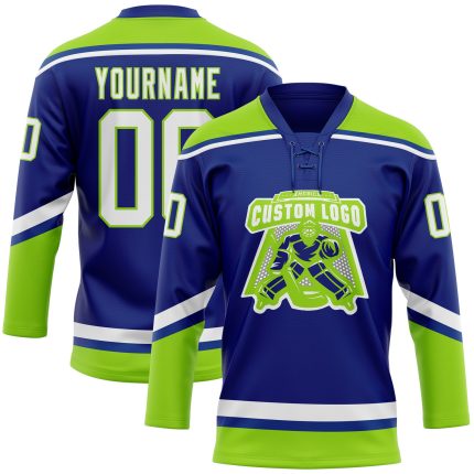 Custom Name and Number Hockey Jersey - Personalized Royal White Neon Green Lace Neck Design Personalized Royal White-Neon
