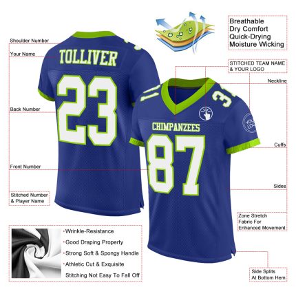 Custom Personalized Authentic Football Jersey - Royal White-Neon Green Mesh with Team Name and Number Personalized Royal