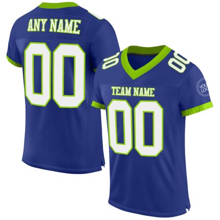 Custom Personalized Authentic Football Jersey - Royal White-Neon Green Mesh with Team Name and Number Personalized Royal