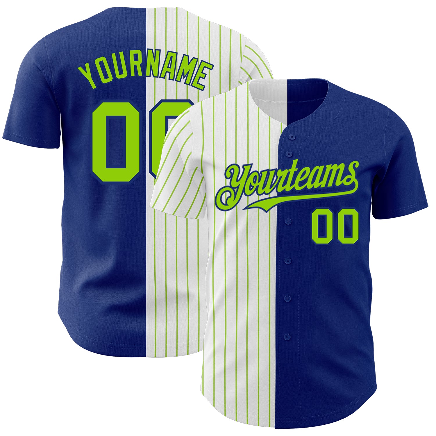 Custom Name and Number Personalized Royal White-Neon Green Pinstripe Baseball Jersey - Authentic Split Fashion Team Apparel
