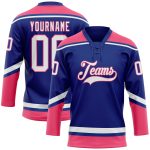Custom Name and Number Personalized Hockey Jersey - Royal White-Neon Pink Lace Neck Design Personalized Royal White-Neon